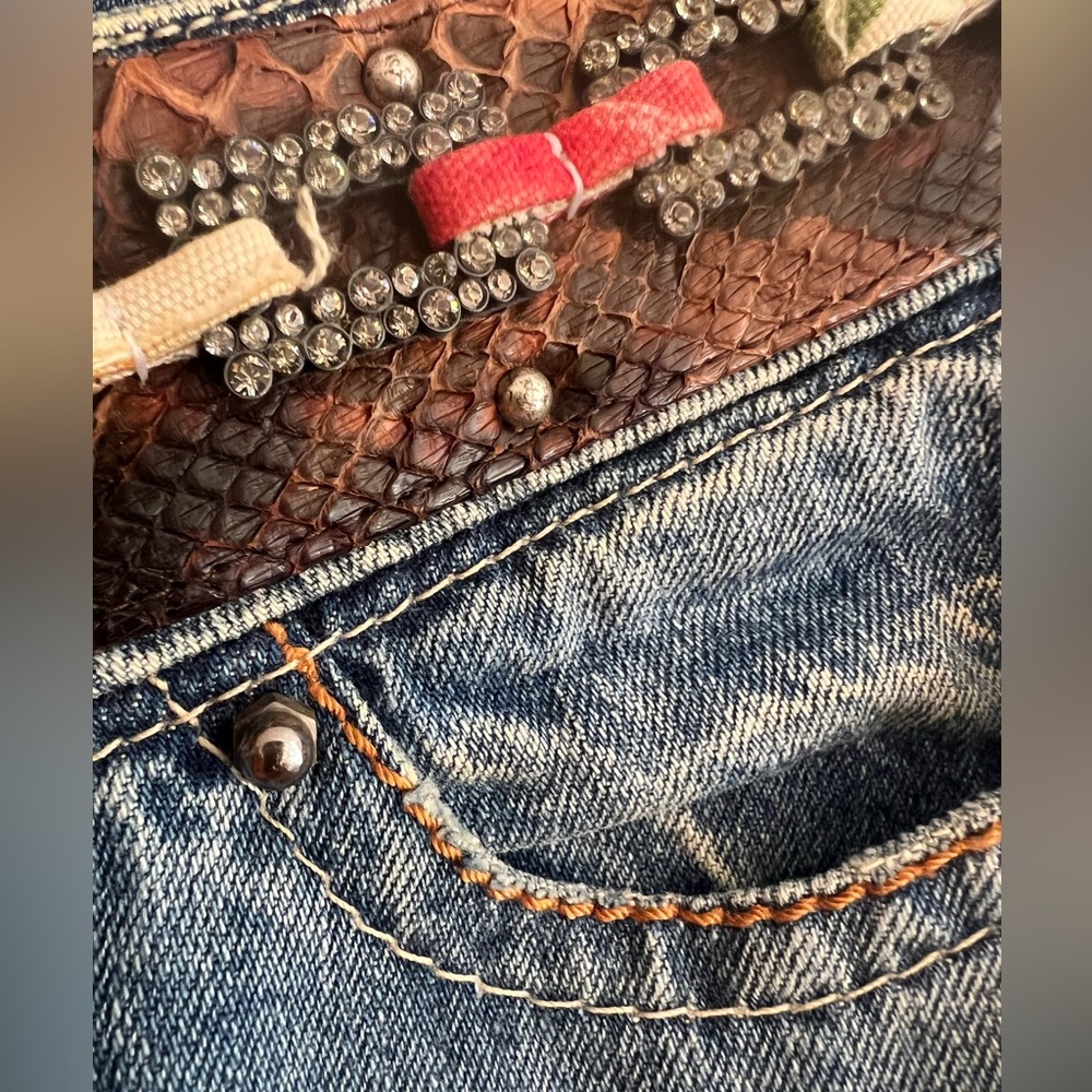 Vintage Roberto Cavalli Blue Women's Jeans Piton Skin Crystal Italy Size 40 - Picture 9 of 16